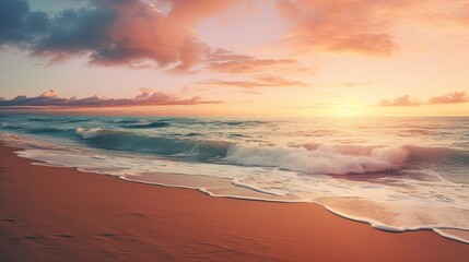 Fototapeta na wymiar A serene sunset paints the sky over a sandy beach, where the gentle waves create a peaceful melody while washing ashore. Sunset beach, gentle waves, tranquil seascape, sandy shore. Generated by AI.