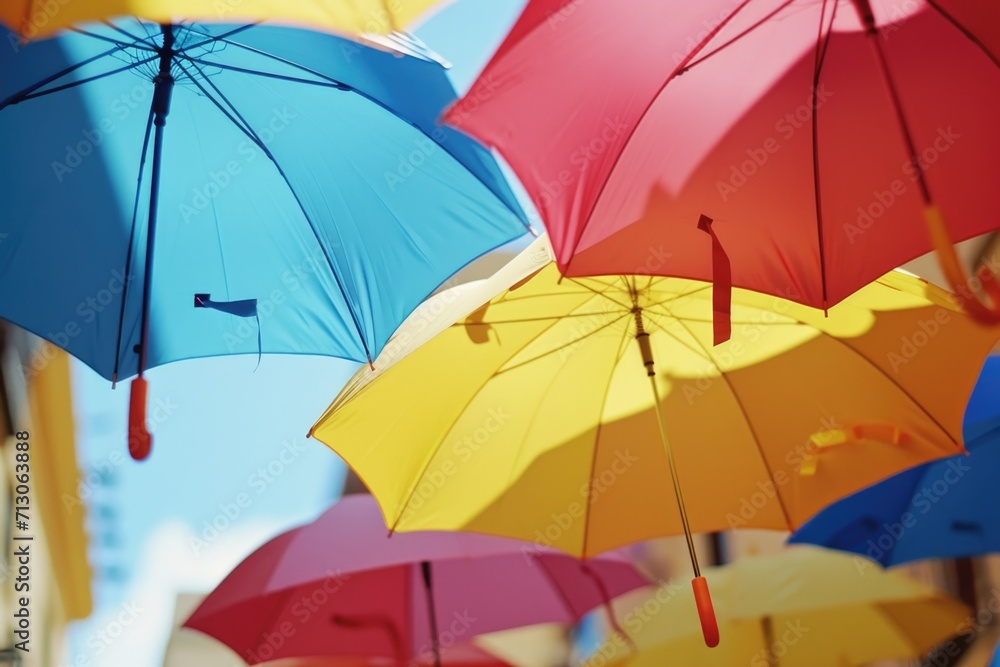 Poster colorful umbrellas hanging from the side of a building. perfect for adding a vibrant touch to any ur