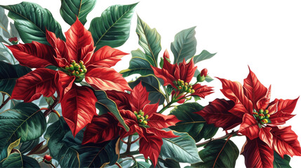 Christmas Poinsettias Border Isolated on Transparent or White Background, PNG
