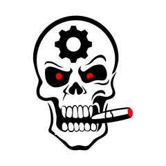 Biker motorcyclist driver skull smoking cigar or cigarette and crossed engine pistons service repair motorcycle