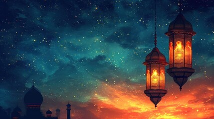 Fototapeta na wymiar Ramadan Kareem background with Arabic lanterns and mosque