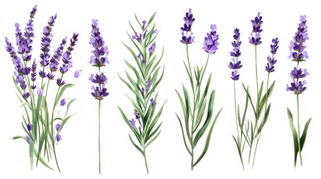 Set of collection lavender objects isolated on a transparent background, blades of grass and flowers in watercolor style