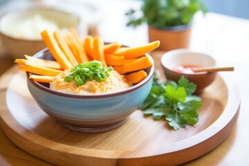 vegan dip in eco-friendly bamboo bowl with carrot sticks