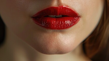 A close up of a woman's lips with vibrant red lipstick. This image can be used for beauty, fashion, or makeup related projects
