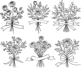 Bouquet of flower line art illustration, decorative bunch of flower vector set collection 