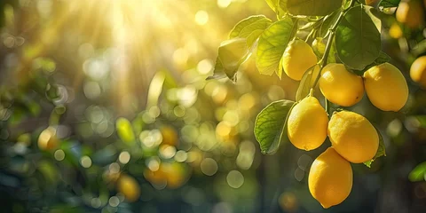 Poster Ripe lemons hanging from lush tree in sunny summer day showcasing fresh and organic agriculture vibrant yellow citrus fruits in natural growth healthy and juicy food options from green farm © Thares2020