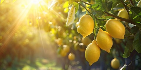 Ripe lemons hanging from lush tree in sunny summer day showcasing fresh and organic agriculture vibrant yellow citrus fruits in natural growth healthy and juicy food options from green farm - Powered by Adobe