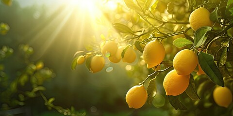 Ripe lemons hanging from lush tree in sunny summer day showcasing fresh and organic agriculture vibrant yellow citrus fruits in natural growth healthy and juicy food options from green farm - obrazy, fototapety, plakaty
