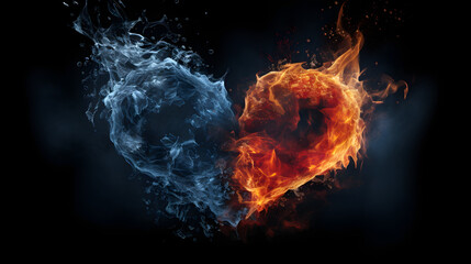 Water and fire heart shape on black background