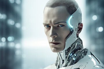 AI generated image of futuristic personage human face robot cyborg innovation