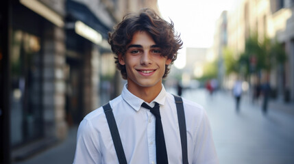 Obraz premium The portrait of a smiling and good-looking young man exuding cheerfulness, making eye contact with the camera