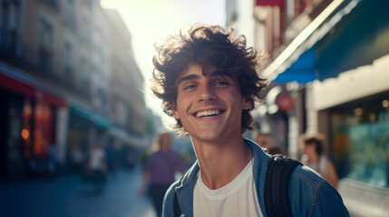 A cheerful and attractive young man, his smiling face radiating positivity as he gazes into the camera for a portrait - obrazy, fototapety, plakaty