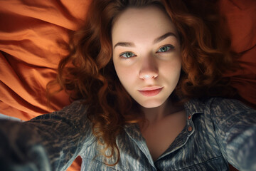 Fototapeta premium AI generated picture of person lying on bed using smartphone at late night and scrolling through social networks