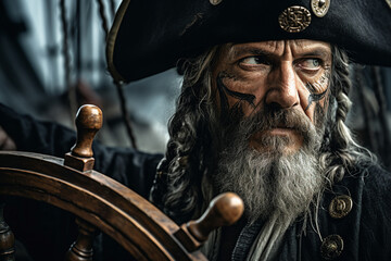 Obraz premium Generative AI image of man bearded pirate in a hat swim on boat in the sea