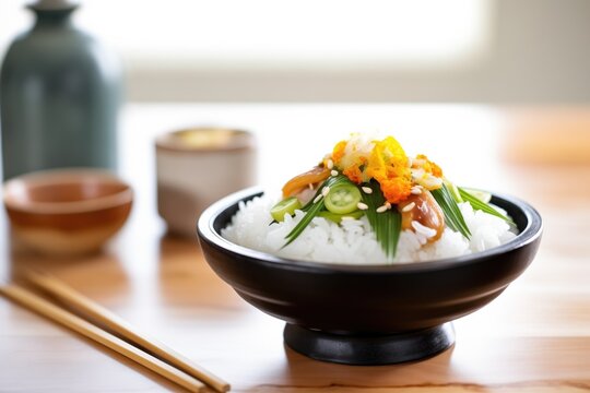 tsukemono garnish on top of steaming bowl of white rice
