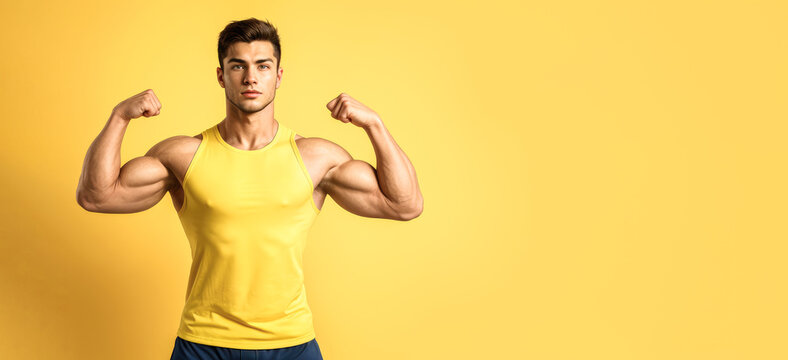 Man Tank Top Flexing His Muscles isolated on yellow background. sportive young man arms showing biceps. Fitness Goals, Health Wellness. sports nutrition, vitamins and supplements