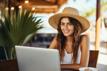 Generative AI technology picture of chilling nomad person sitting near seaside beach pool cafeteria working remotely with laptop