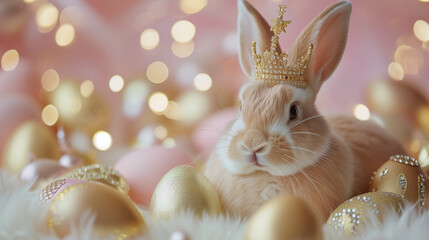 Easter Bunny King in Close Up with Crown and Bedazzled Golden Eggs, Luxurious Pastel Themed Easter Celebration