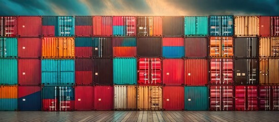 Fototapeta premium Harbor Dynamics A towering stack of cargo containers at the bustling docks, symbolizing maritime commerce