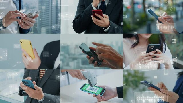 Collage videos of people using smartphones in various situations and digital technology concept.