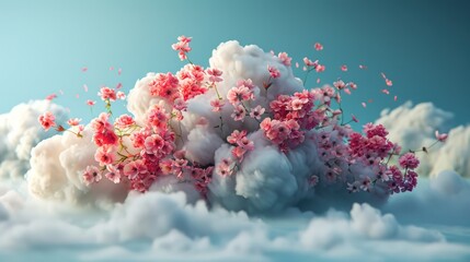Fluffy cartoon cloud with colorful flowers. Spring mood. Greeting card for International Women's Day. Rain of flowers concept.