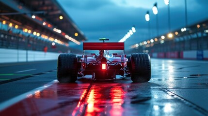 Car on racetrack looking down track with start lights looking at the back of the car 