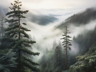 a forest filled with fog