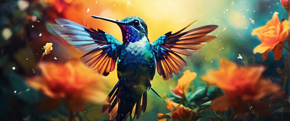 Obraz premium The Hummingbird in a Silhouette Double Exposure. In the background is a vibrant garden with blooming flowers and fluttering butterflies. Stylish in the style of double exposure