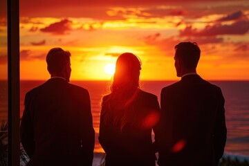 Silhouette of three young people looking at sunset on the beach