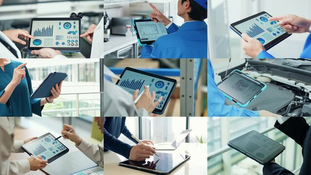 Collage videos of people using tablet PC in various situations.