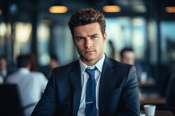 Fototapeta premium Generative AI portrair of happy smiling successful busy person working in office