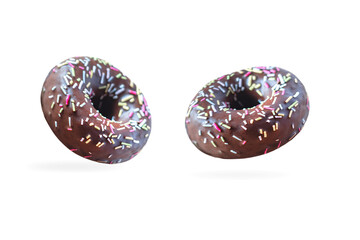 Sweet chocolate donuts with sprinkles on white background, Delicious colorful chocolate donut