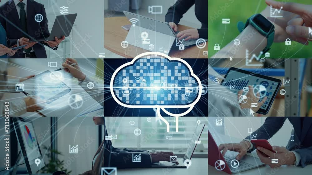 Poster collage videos of people using various digital devices and ai (artificial intelligence) concept.