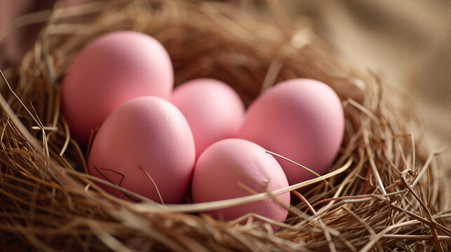 Pink eggs in nest. Easter concept. 