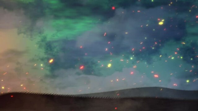 Epic landscape, with an approaching storm and a bunch of sparks rushing in the wind