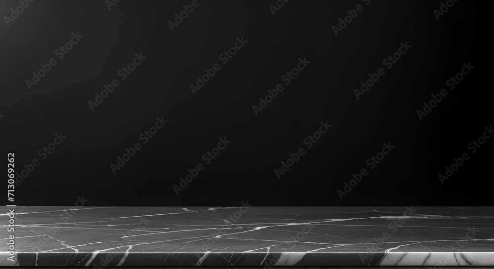 Poster empty dark grey marble tabletop with black stone background for product placement in dark tone. luxu