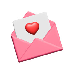 3d love letter icon. Mail envelope with heart message isolated on white background. Valentine, wedding, anniversary invitation card decoration. Design element render illustration.