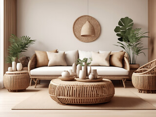 Home interior mock-up with rattan furniture, table and decor in living room design, 3d rendering