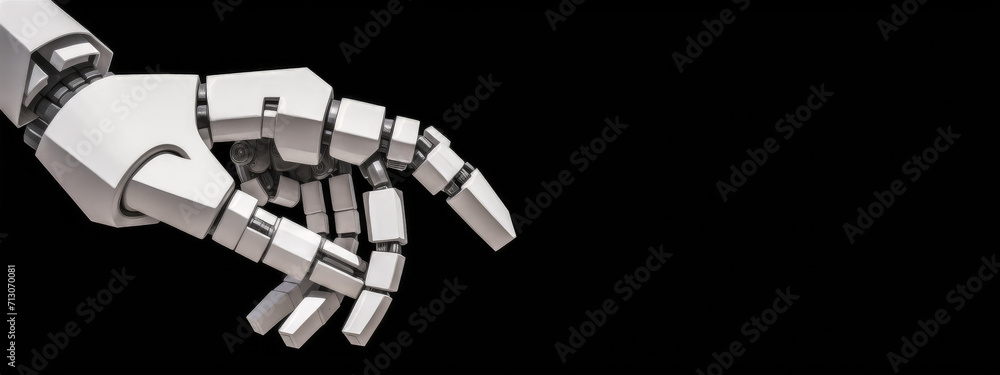 Poster robot hand finger pressing something on black isolated background. cyborg mechanical arm pointing. a