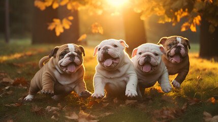 Bulldog puppies playing outdoors on the grass. - obrazy, fototapety, plakaty