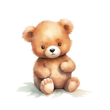 Cute baby bear cub character sitting watercolor illustration for children book.
