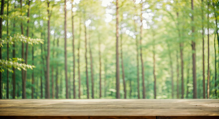 Product placement In green forest. Beautiful blurred boreal forest background view with empty rustic wooden table for mockup product display