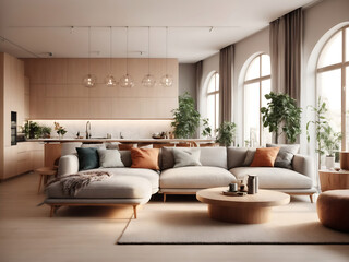Interior design of modern Scandinavian apartment, living room and dining room design, panorama 3d rendering