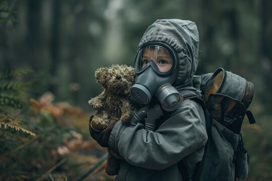 Child in Gas Mask Embracing Teddy Bear in Mysterious Forest