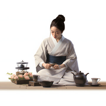 Individual participating in a traditional tea ceremony isolated on white background, realistic, png
