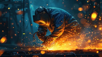 Male welder wearing protective clothing and welding metal with sparks at factory