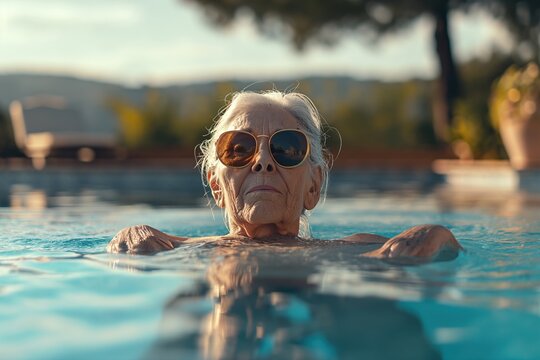 Confident Senior Woman with Sunglasses Swimming in Outdoor Pool