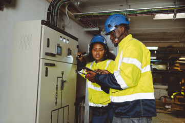 engineering technician Setting up the solar panel inverter in the electrical room Service engineer...