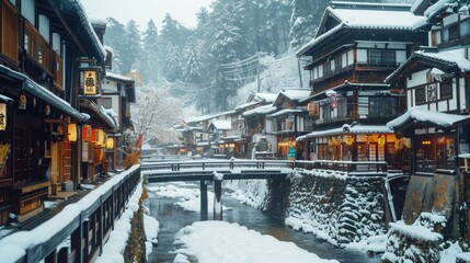 A picturesque scene of a small bridge over a river in a snowy town. Perfect for winter-themed projects or travel brochures