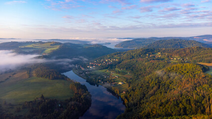 View of Vltava river. Meander from Solenice , aerial drone pic, Czech Republic